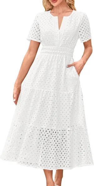 Summer Dresses for Women 2025,Short Sleeve Eyelet Dress Boho Dressy Casual Long Maxi Dresses with Pockets