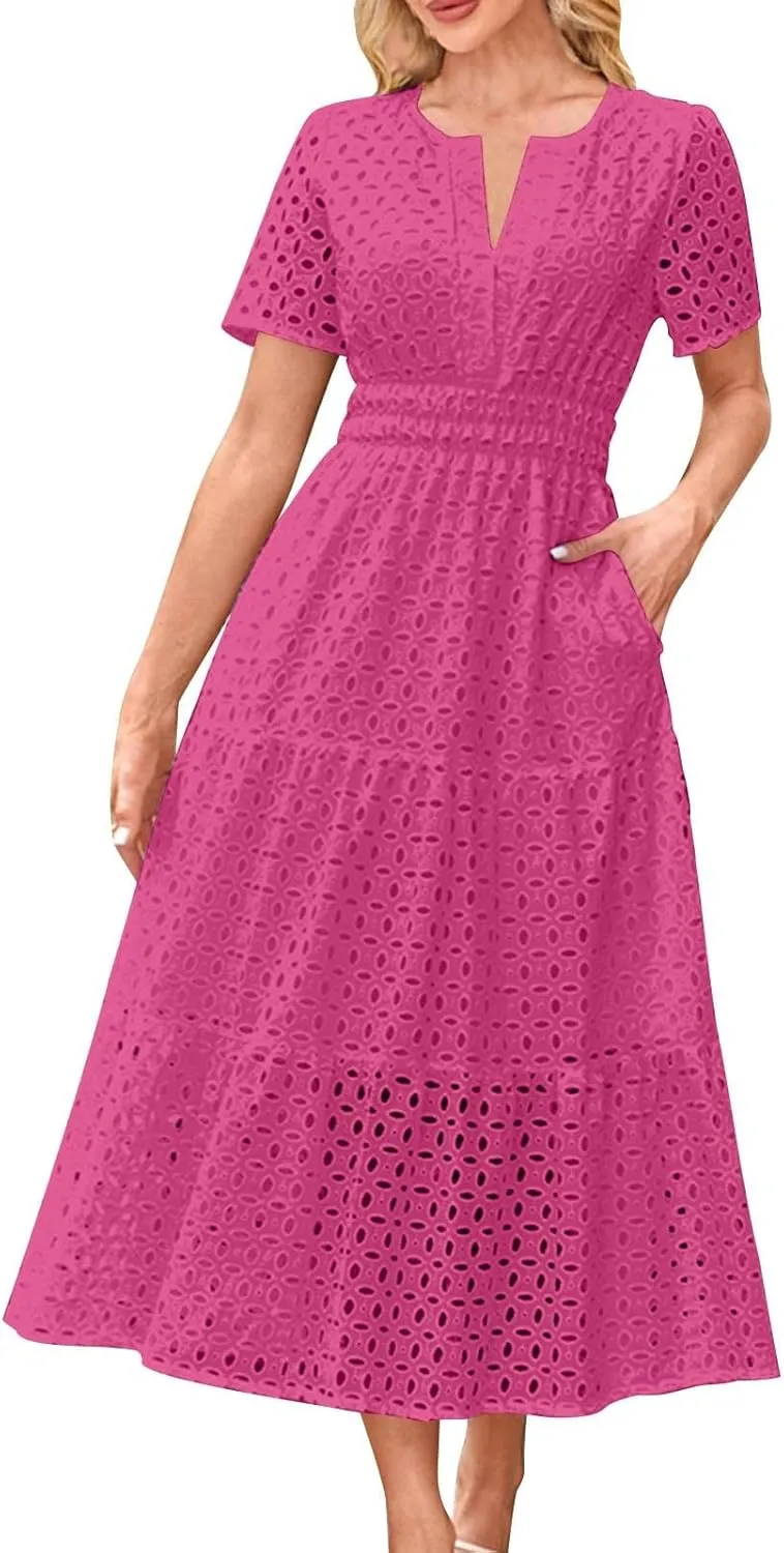 Summer Dresses for Women 2025,Short Sleeve Eyelet Dress Boho Dressy Casual Long Maxi Dresses with Pockets