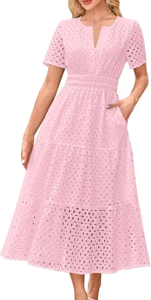 Summer Dresses for Women 2025,Short Sleeve Eyelet Dress Boho Dressy Casual Long Maxi Dresses with Pockets