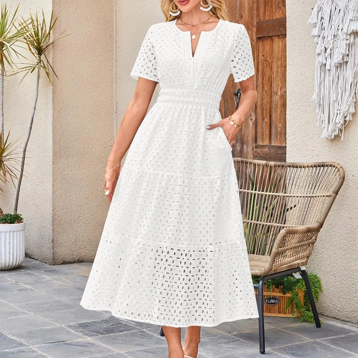 Summer Dresses for Women 2025,Short Sleeve Eyelet Dress Boho Dressy Casual Long Maxi Dresses with Pockets