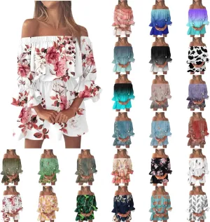 Summer Dresses for Women Boho Beach Sexy Off Shoulder Tunic Sundresses Casual Loose Fit Sleeve Mini Floral Dress
