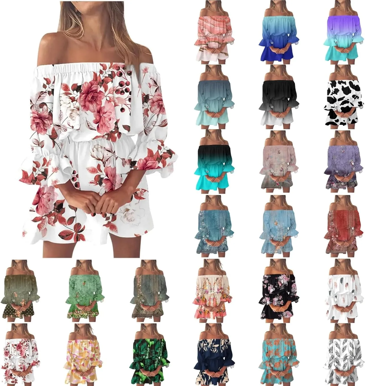 Summer Dresses for Women Boho Beach Sexy Off Shoulder Tunic Sundresses Casual Loose Fit Sleeve Mini Floral Dress