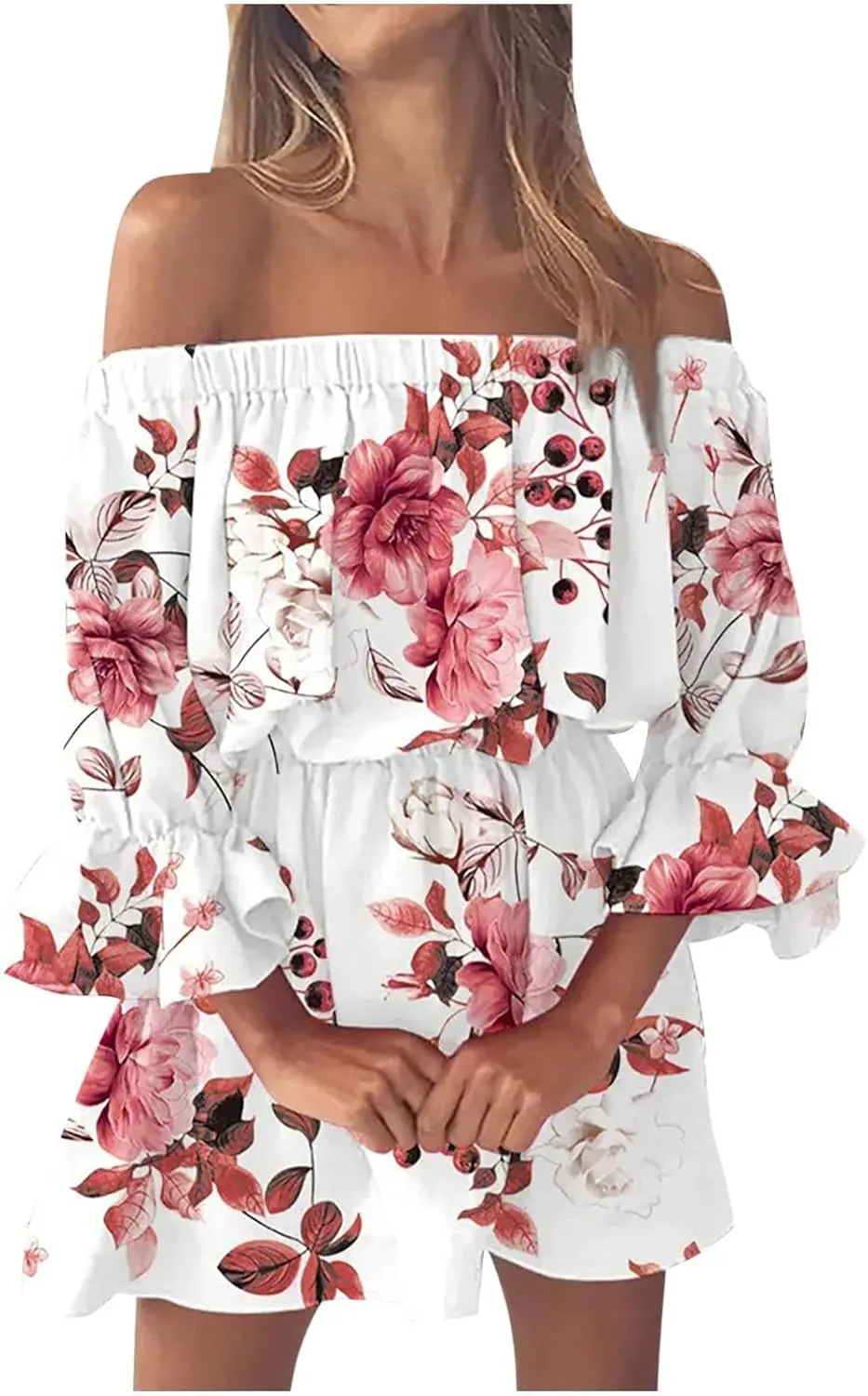 Summer Dresses for Women Boho Beach Sexy Off Shoulder Tunic Sundresses Casual Loose Fit Sleeve Mini Floral Dress