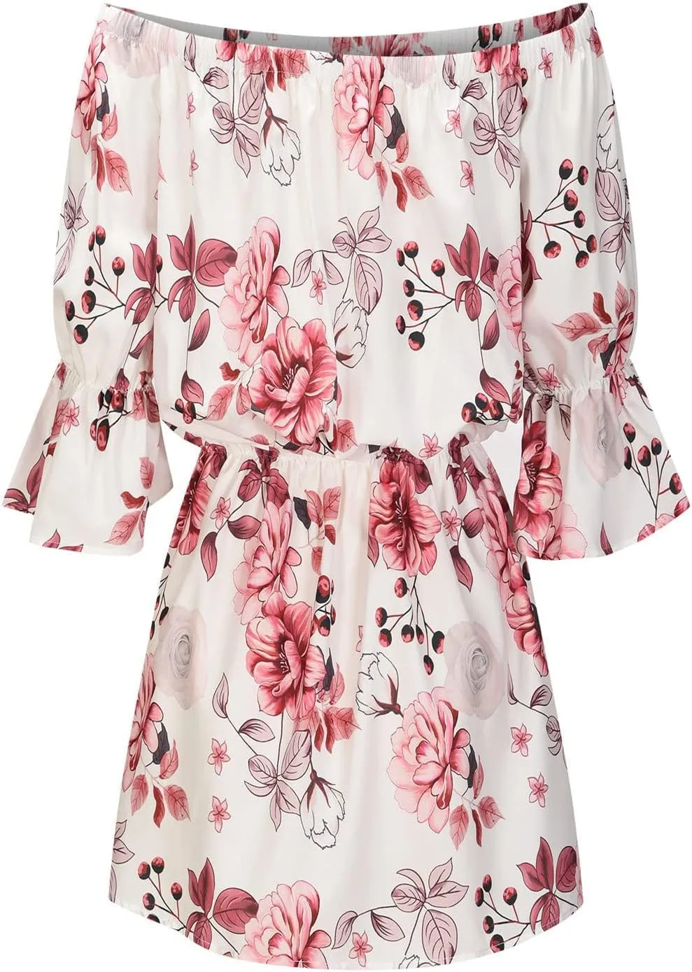 Summer Dresses for Women Boho Beach Sexy Off Shoulder Tunic Sundresses Casual Loose Fit Sleeve Mini Floral Dress