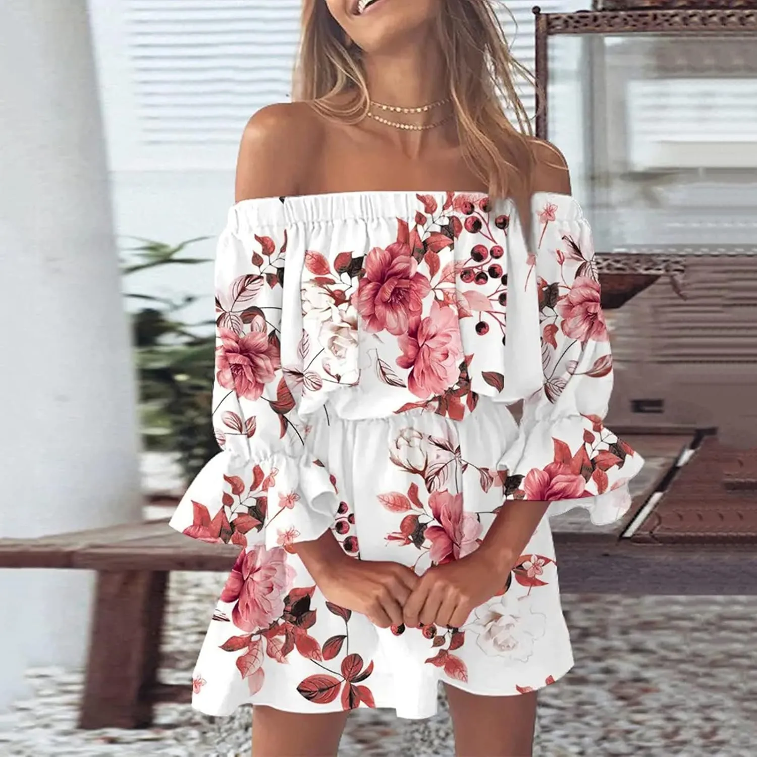 Summer Dresses for Women Boho Beach Sexy Off Shoulder Tunic Sundresses Casual Loose Fit Sleeve Mini Floral Dress
