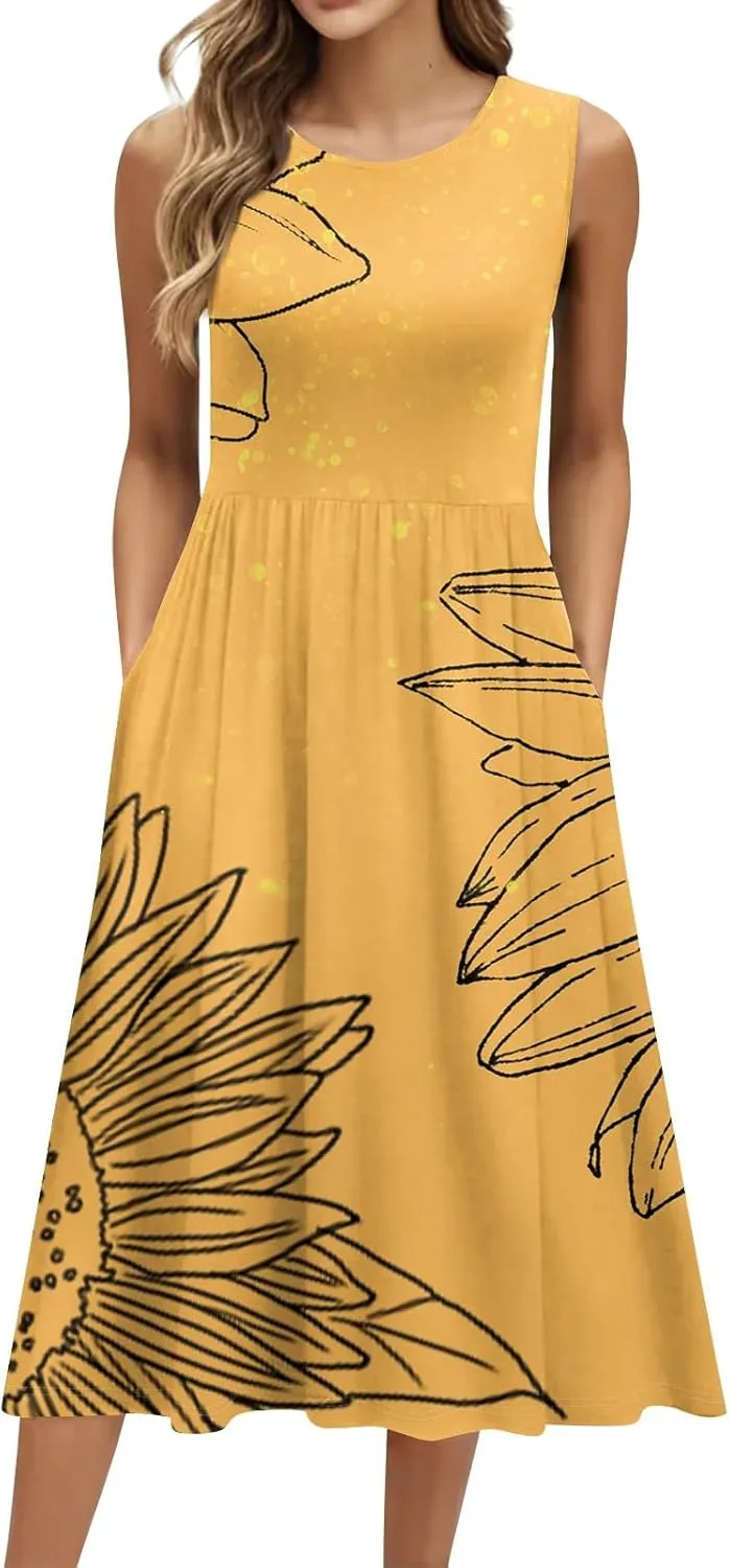 Summer Dresses for Women Casual Sleeveless Tshirt Beach Flowy Tank Sundresses 2025 Fashion Holiday Dresses