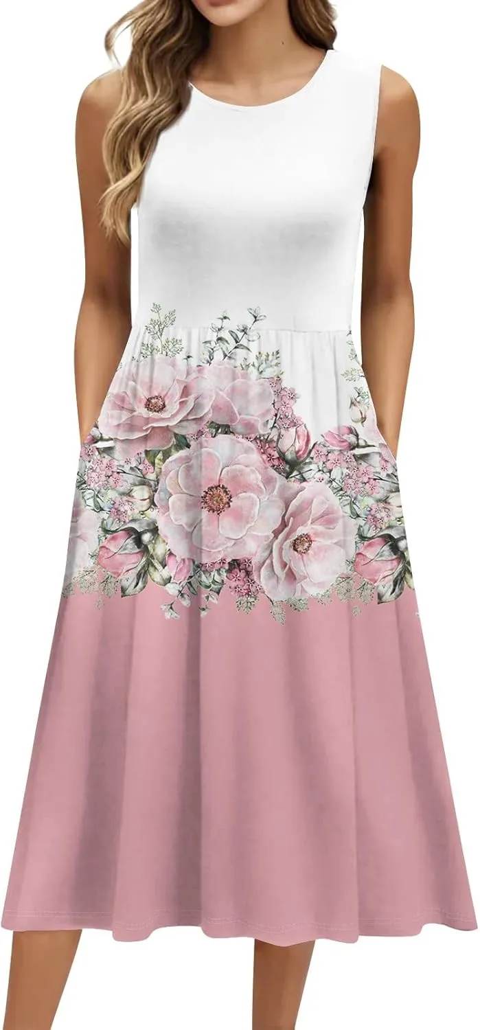 Summer Dresses for Women Casual Sleeveless Tshirt Beach Flowy Tank Sundresses 2025 Fashion Holiday Dresses