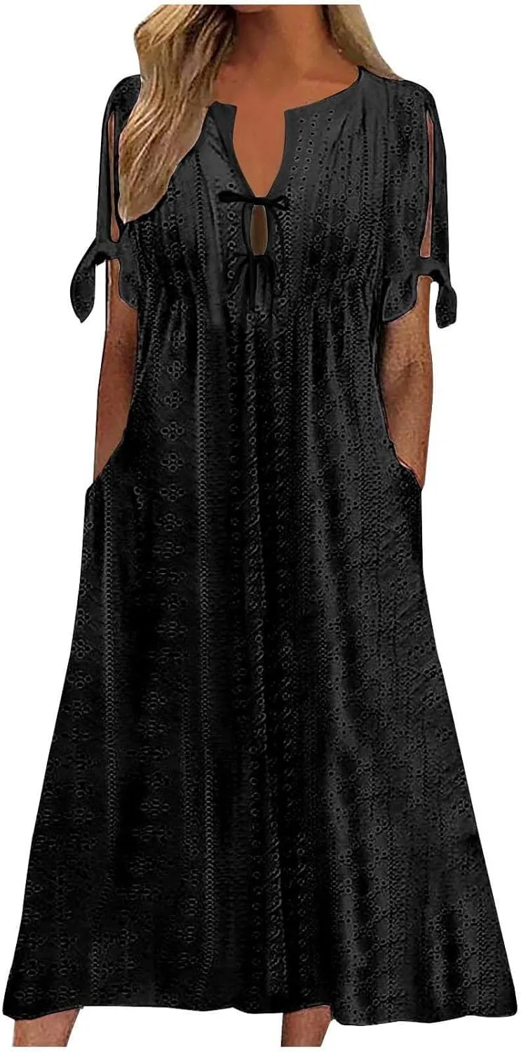 Summer Dresses for Women Short Sleeve Boho Travel Dresses Beach Wear Party Maxi Solid Color Vacation Dress 2025