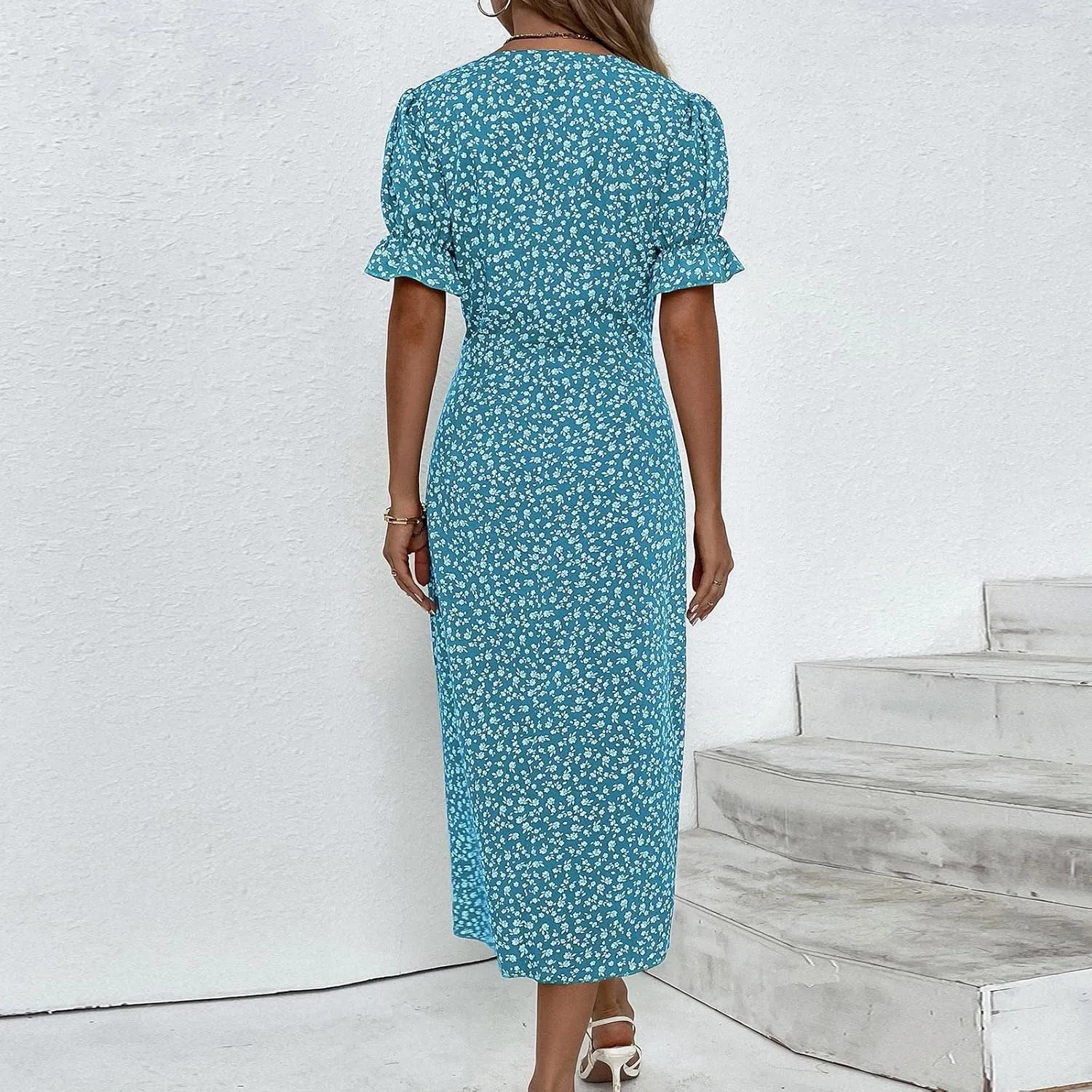 Summer Dresses for Women Wrap Midi Dresses for Women Puff Sleeve Trendy Summer Loose Casual Vintage Cute