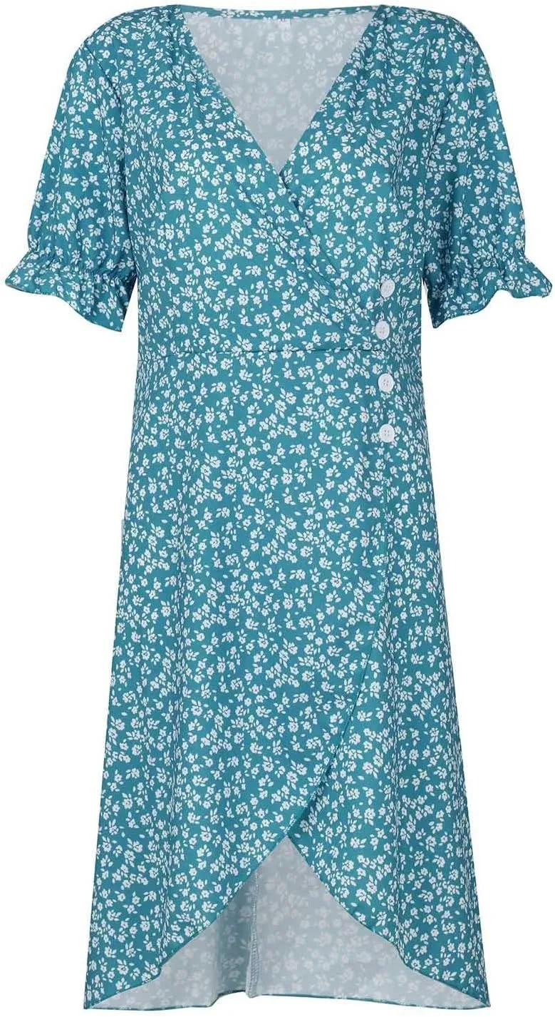 Summer Dresses for Women Wrap Midi Dresses for Women Puff Sleeve Trendy Summer Loose Casual Vintage Cute