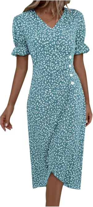 Summer Dresses for Women Wrap Midi Dresses for Women Puff Sleeve Trendy Summer Loose Casual Vintage Cute