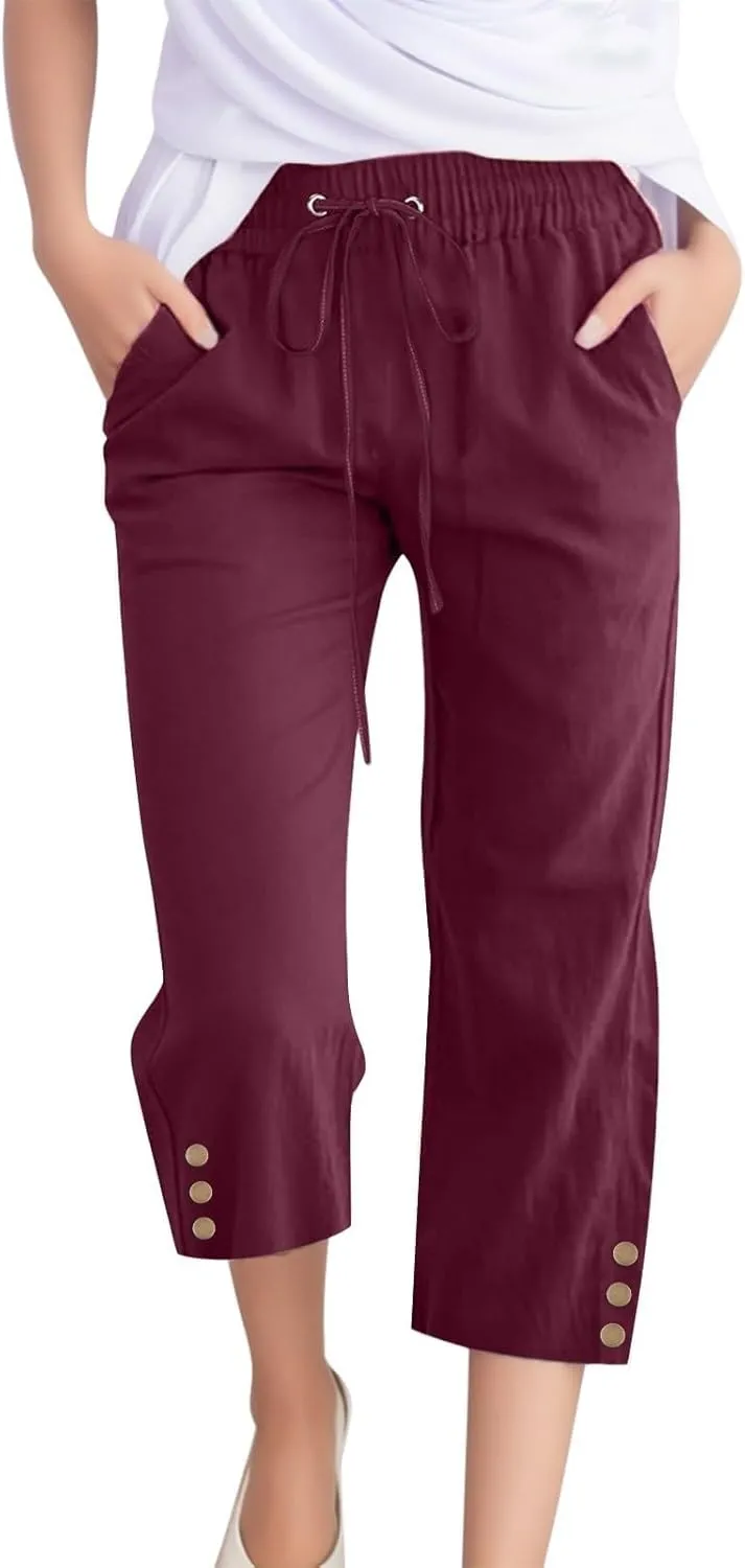 Summer Linen Capris for Women Casual Loose Wide Leg Trousers with Pockets Lightweight High Waisted Cropped Pants