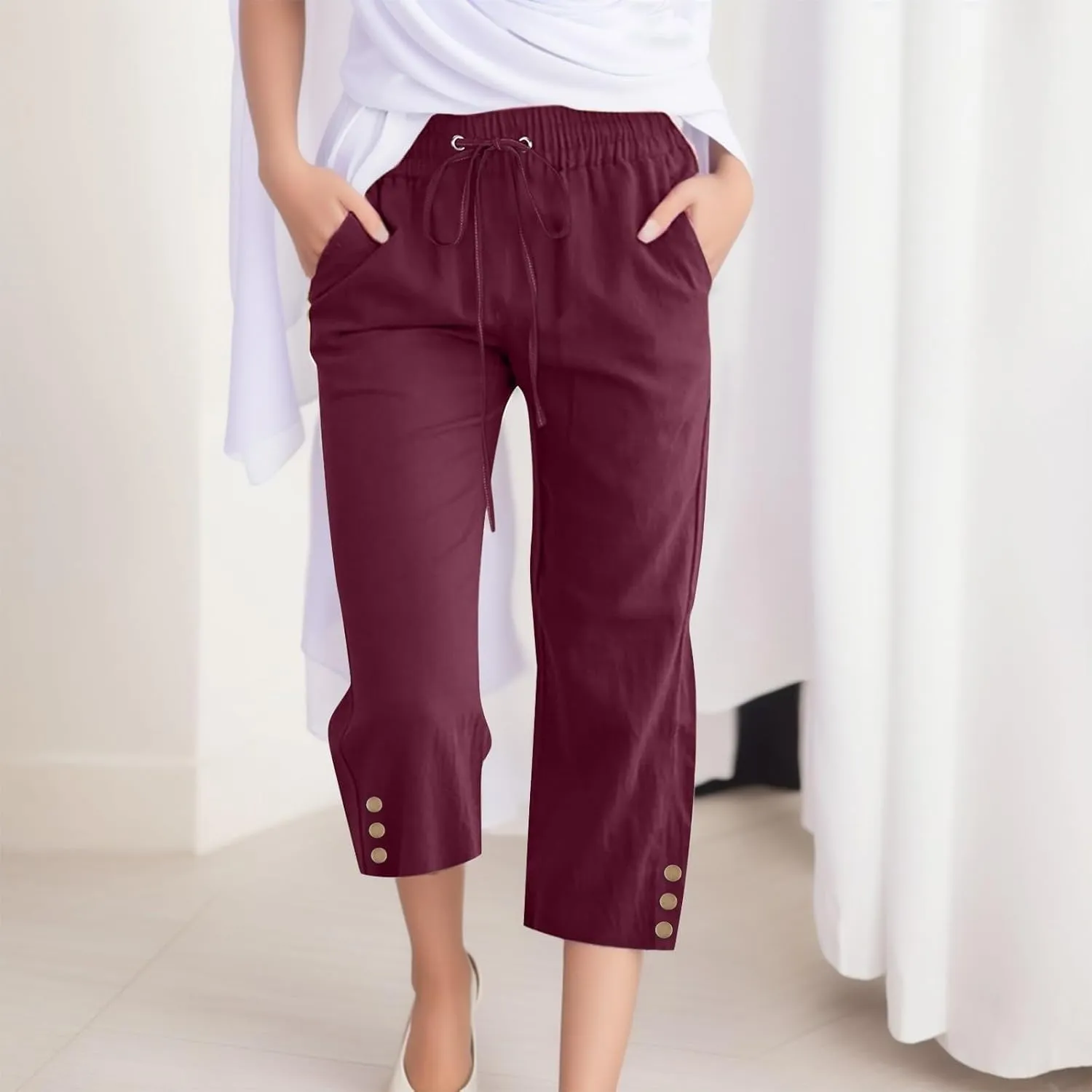 Summer Linen Capris for Women Casual Loose Wide Leg Trousers with Pockets Lightweight High Waisted Cropped Pants