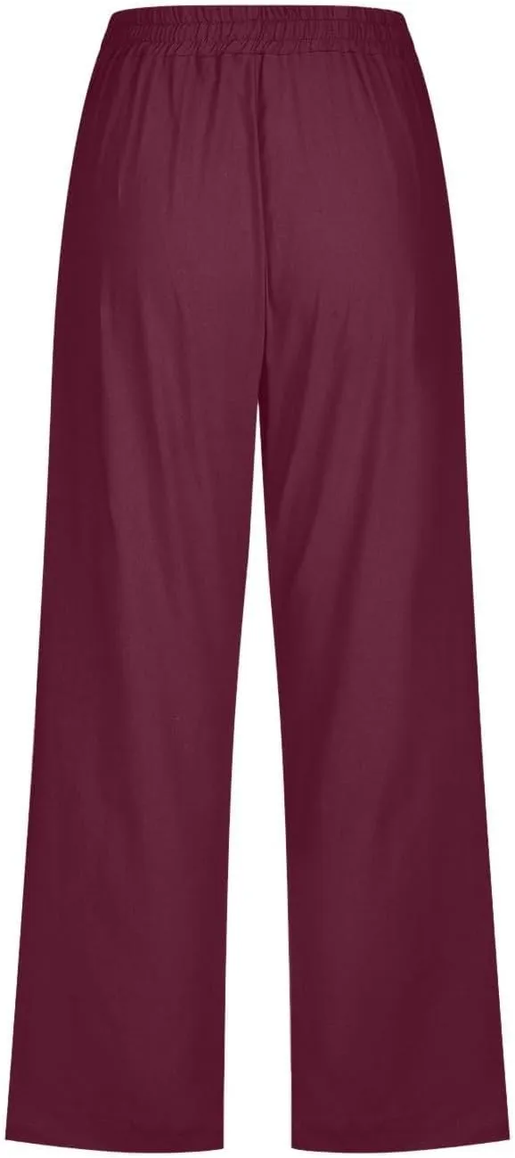 Summer Linen Capris for Women Casual Loose Wide Leg Trousers with Pockets Lightweight High Waisted Cropped Pants