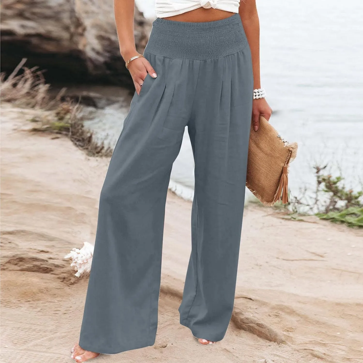 Summer Linen Pants Women Palazzo Pants Drawstring Elastic Waist Wide Leg Pants High Waist Lounge Pants Casual Trouser