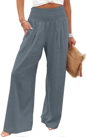 Summer Linen Pants Women Palazzo Pants Drawstring Elastic Waist Wide Leg Pants High Waist Lounge Pants Casual Trouser