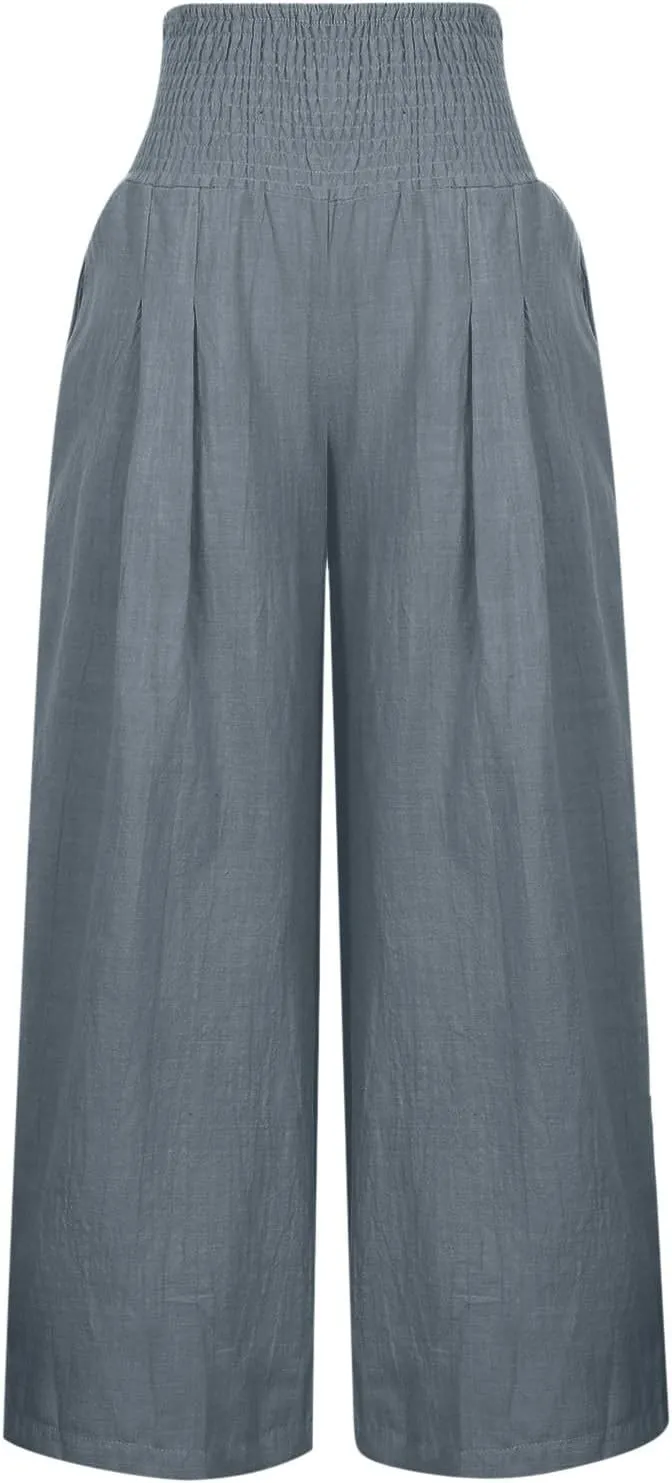 Summer Linen Pants Women Palazzo Pants Drawstring Elastic Waist Wide Leg Pants High Waist Lounge Pants Casual Trouser