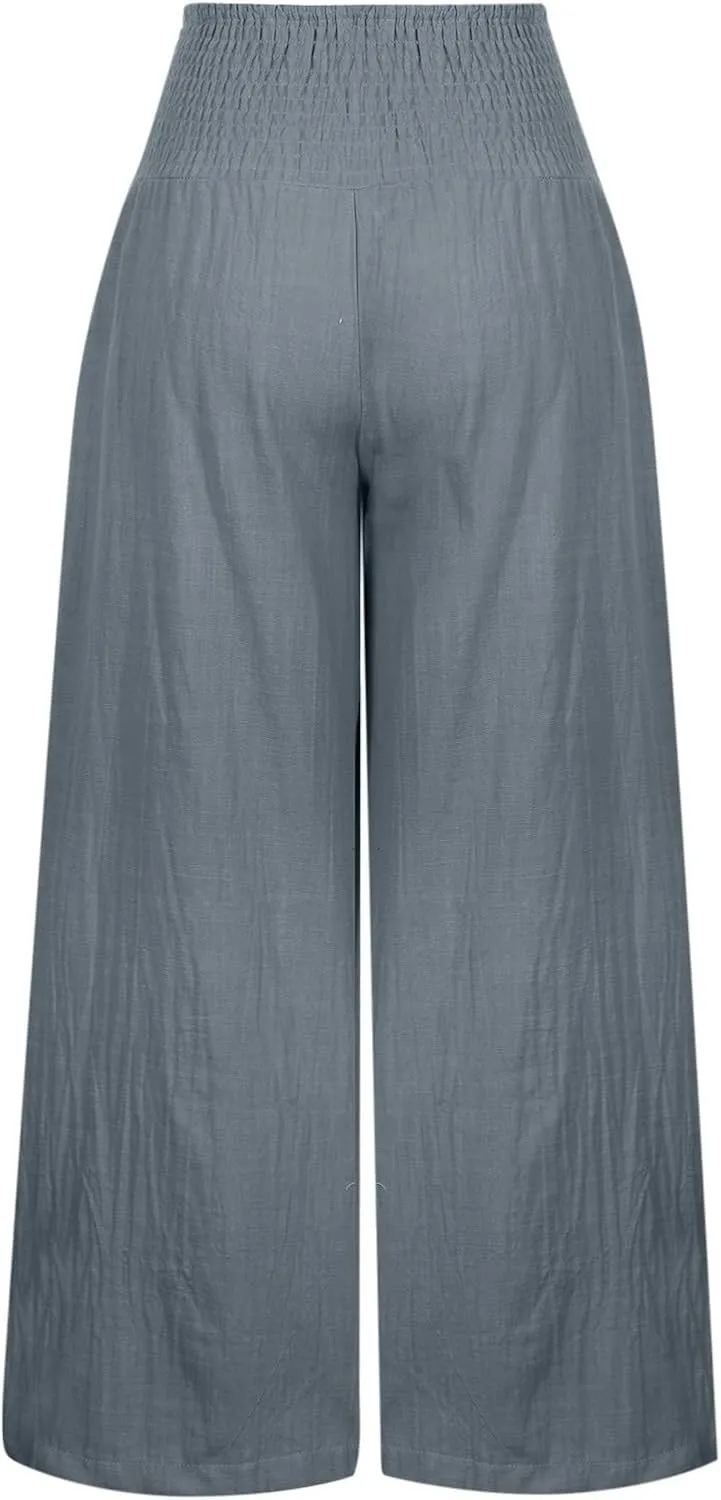 Summer Linen Pants Women Palazzo Pants Drawstring Elastic Waist Wide Leg Pants High Waist Lounge Pants Casual Trouser