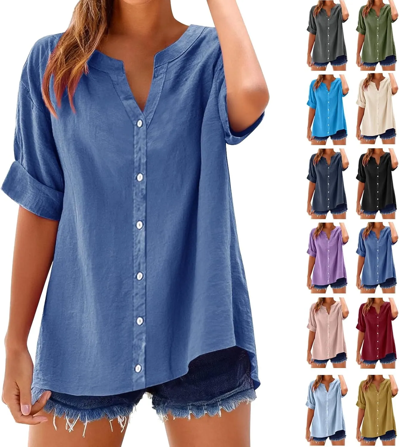 Summer Linen Work Tops for Women Trendy Button Down Plus Size V Neck Boho Clothes Spring Tops for Women 2025 Fashion