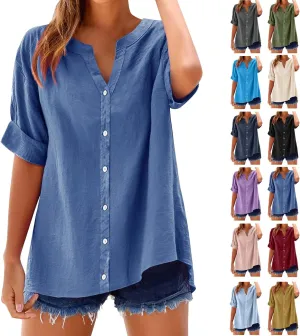 Summer Linen Work Tops for Women Trendy Button Down Plus Size V Neck Boho Clothes Spring Tops for Women 2025 Fashion