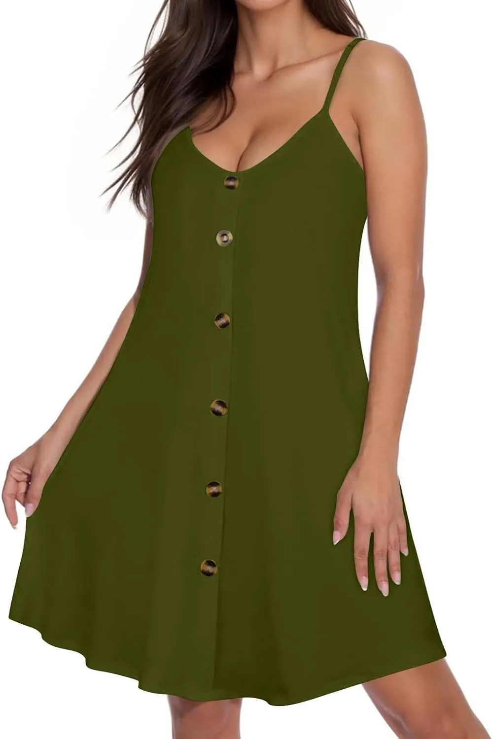 Summer Mini Dress for Women Spaghetti Strap Button Down Scoop Neck Sundress Bathing Suit Cover Ups with Pockets
