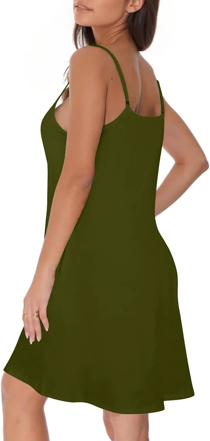 Summer Mini Dress for Women Spaghetti Strap Button Down Scoop Neck Sundress Bathing Suit Cover Ups with Pockets