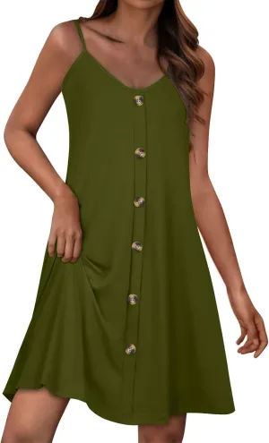 Summer Mini Dress for Women Spaghetti Strap Button Down Scoop Neck Sundress Bathing Suit Cover Ups with Pockets