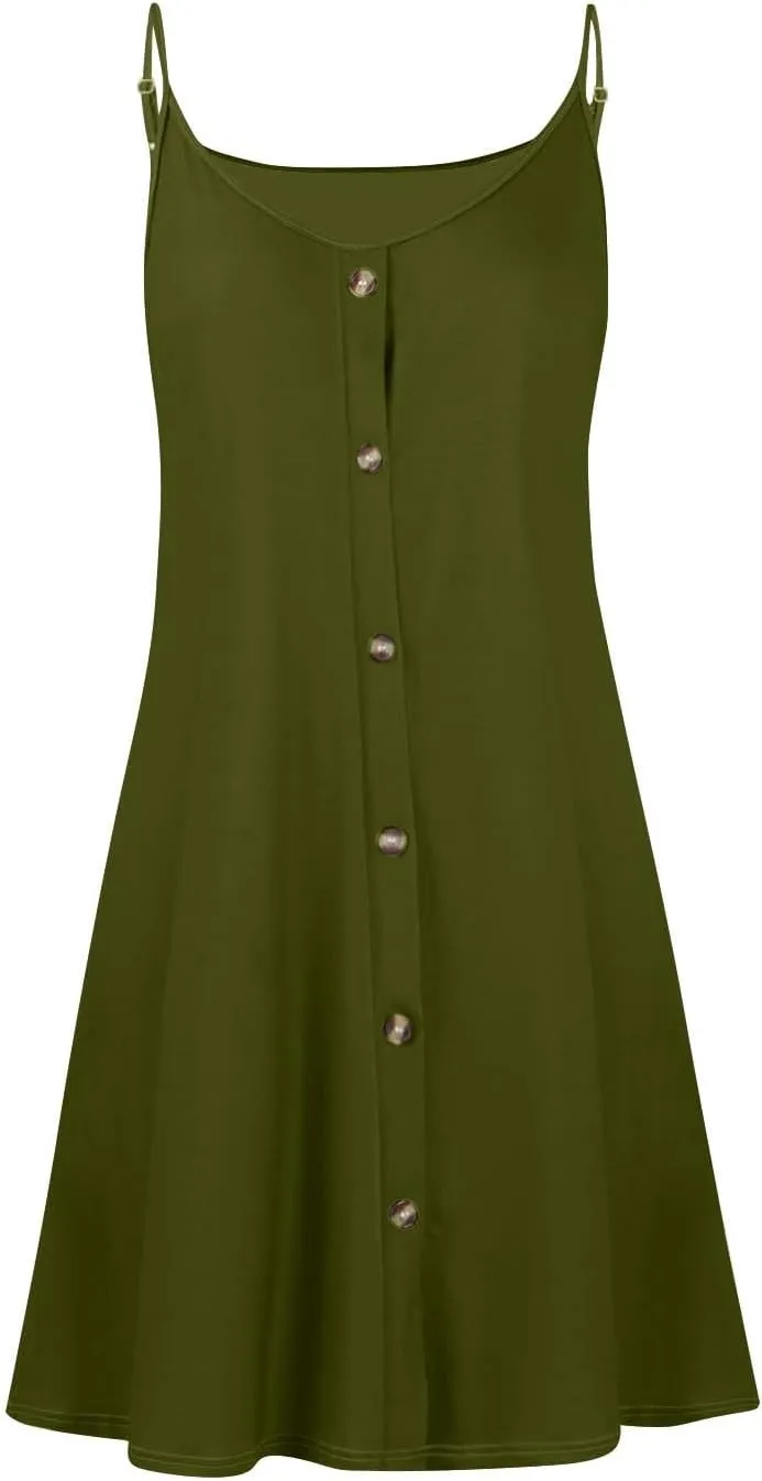 Summer Mini Dress for Women Spaghetti Strap Button Down Scoop Neck Sundress Bathing Suit Cover Ups with Pockets