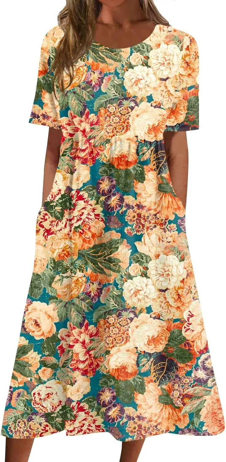 Summer Oversized Dress Womans Short Sleeve Wedding Simple Crewneck Smocked Loose Fit Soft Cotton Pullover.