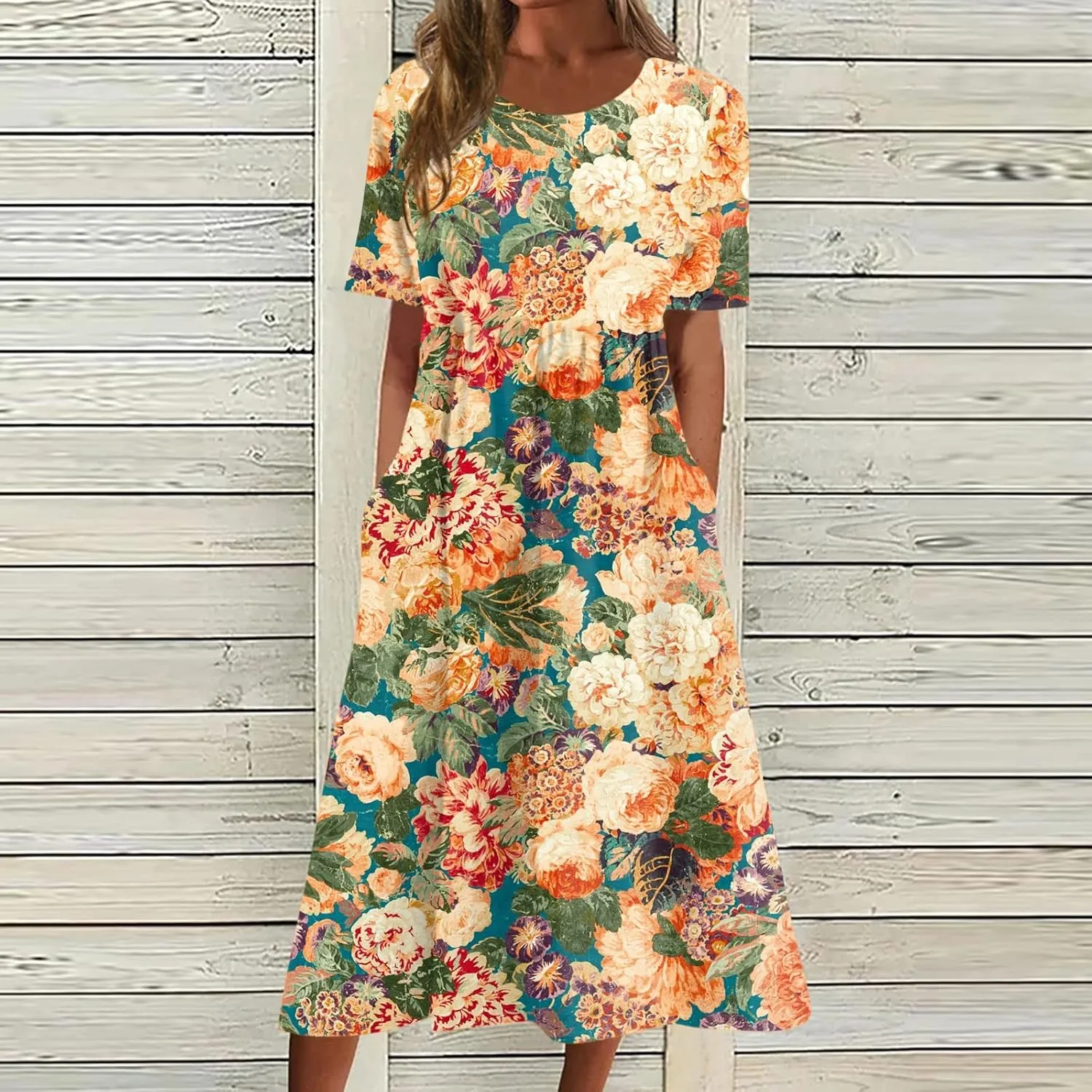 Summer Oversized Dress Womans Short Sleeve Wedding Simple Crewneck Smocked Loose Fit Soft Cotton Pullover.