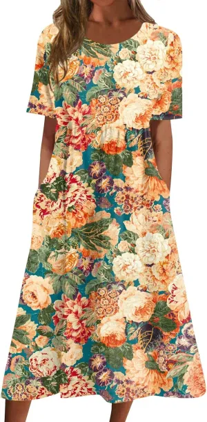 Summer Oversized Dress Womans Short Sleeve Wedding Simple Crewneck Smocked Loose Fit Soft Cotton Pullover.