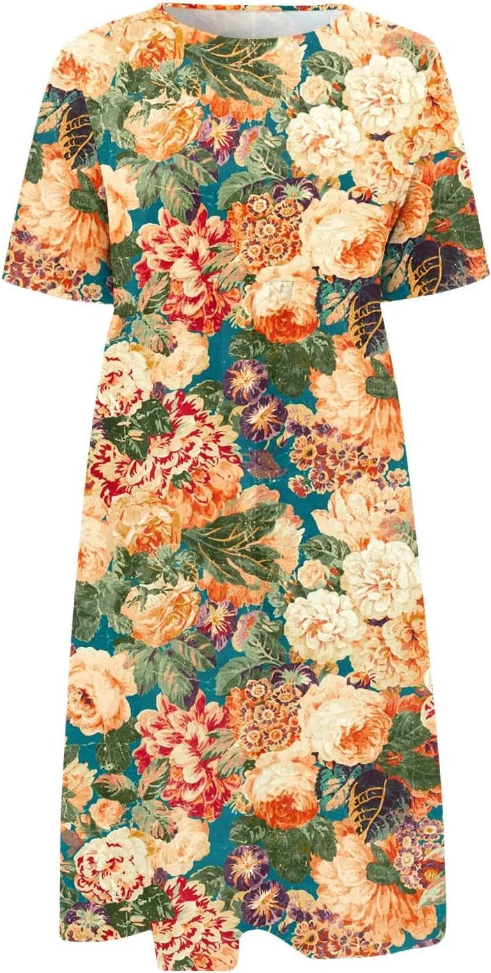 Summer Oversized Dress Womans Short Sleeve Wedding Simple Crewneck Smocked Loose Fit Soft Cotton Pullover.