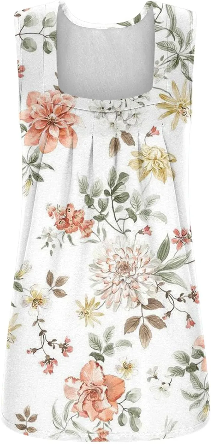 Summer Plus Size Tank Tops for Women 2025 Casual Sleeveless Square Neck Boho Tops Trendy Vacation Floral Boho Tshirts