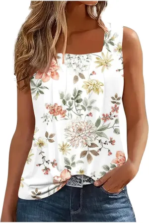 Summer Plus Size Tank Tops for Women 2025 Casual Sleeveless Square Neck Boho Tops Trendy Vacation Floral Boho Tshirts