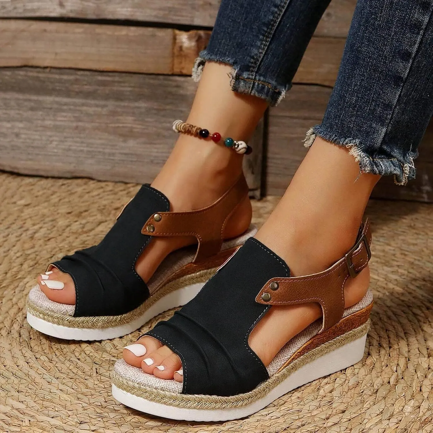 Summer Sandals for Women 2025 Trendy Orthopedic Wedges Dressy Comfort Walking, Womens'Espadrilles Wedge Sandal Heels Open Toe Platform Buckle Ankle Strap Casual Beach Shoes Vacation