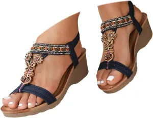 Summer Sandals for Women Dressy Comfortable Platform Wedges Open Toe Ankle Strap Bohemian Sandals Slip On Orthopedic Sandal with Arch Support Rhinestone Dress Shoe