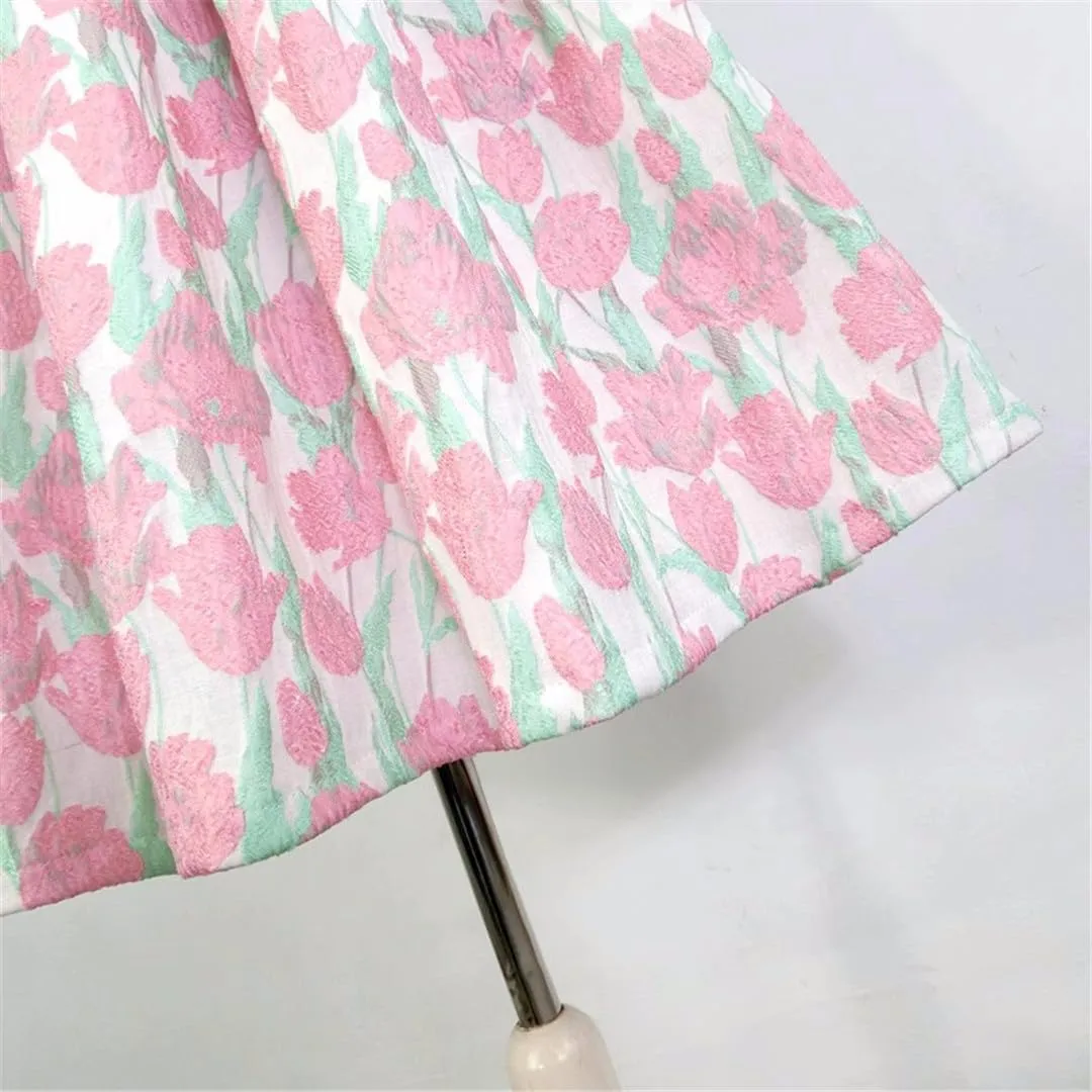 Summer Vintage Small Fresh Mori Floral Embroidery High Waist Long Pleated Midi Skirt