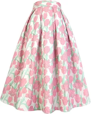 Summer Vintage Small Fresh Mori Floral Embroidery High Waist Long Pleated Midi Skirt