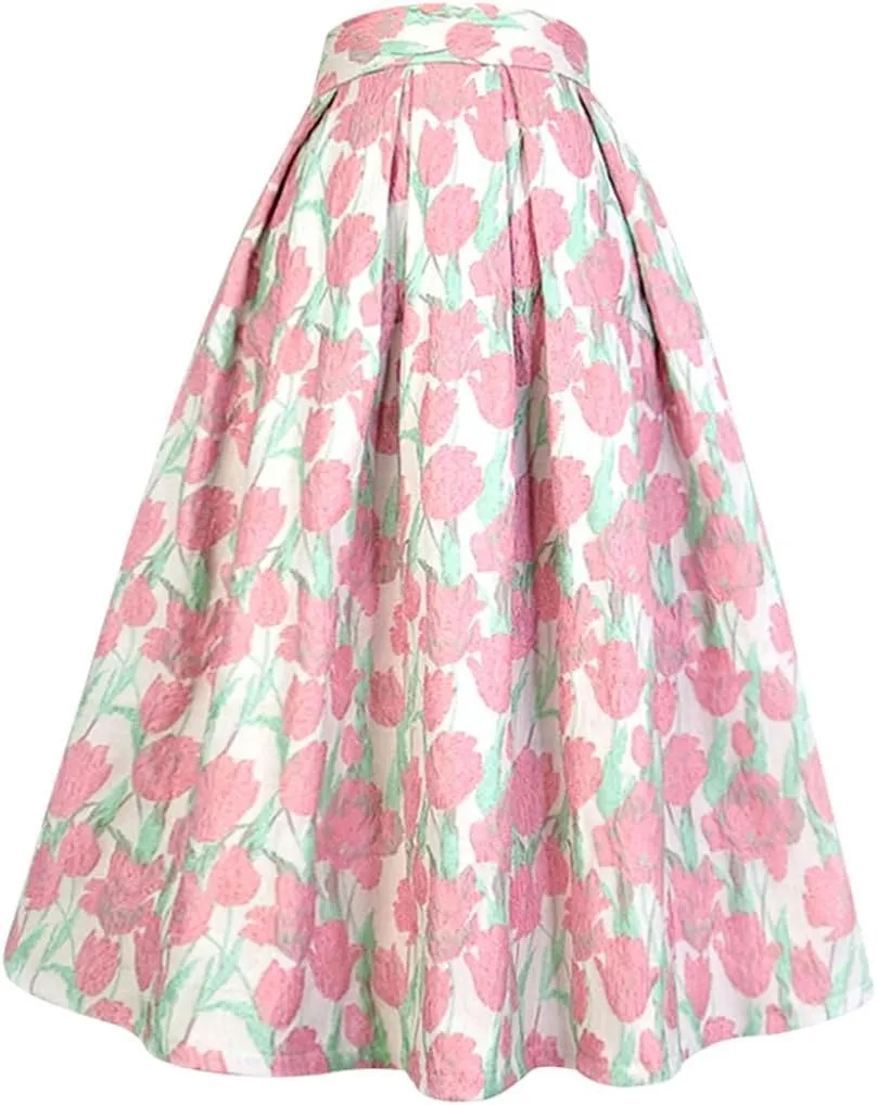 Summer Vintage Small Fresh Mori Floral Embroidery High Waist Long Pleated Midi Skirt