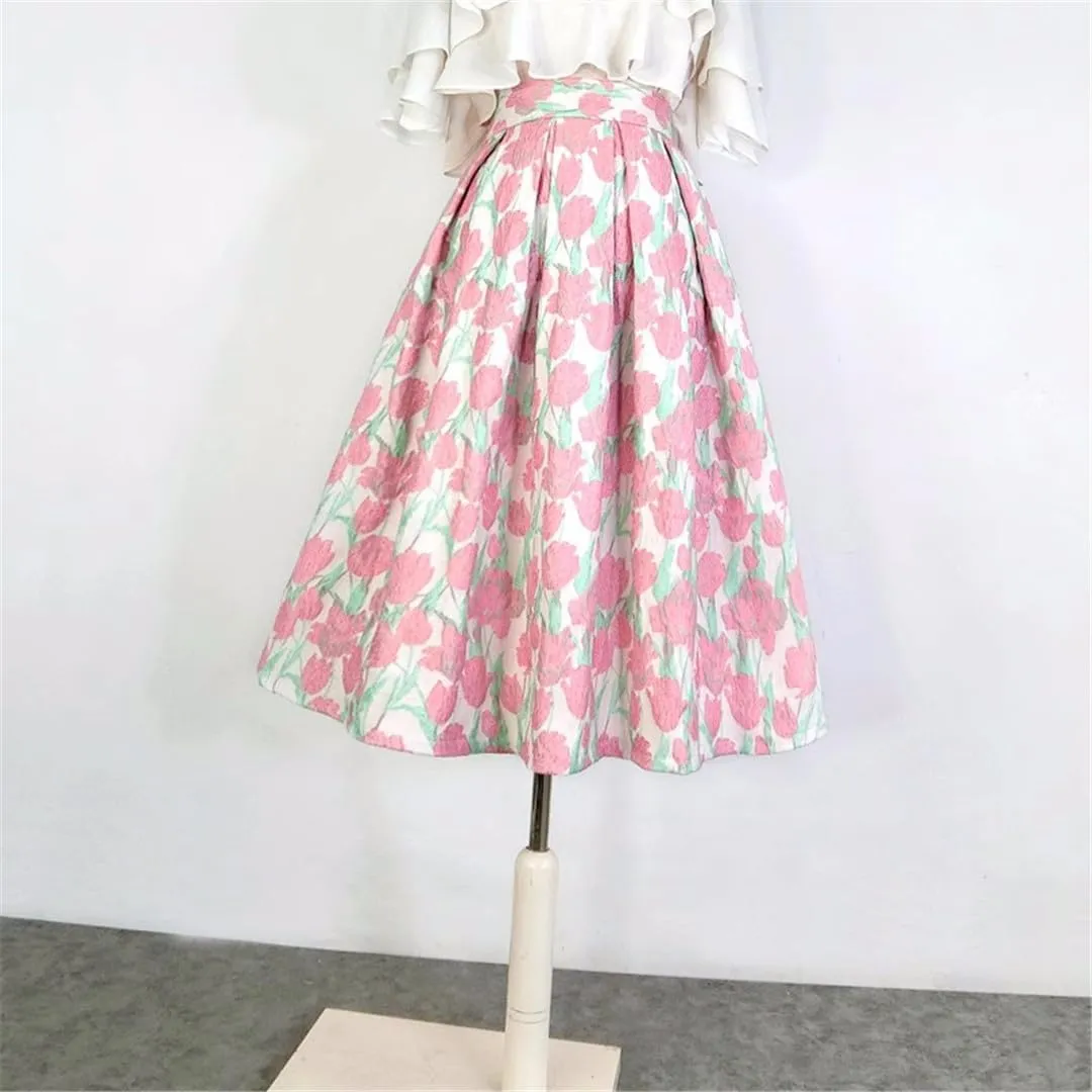 Summer Vintage Small Fresh Mori Floral Embroidery High Waist Long Pleated Midi Skirt