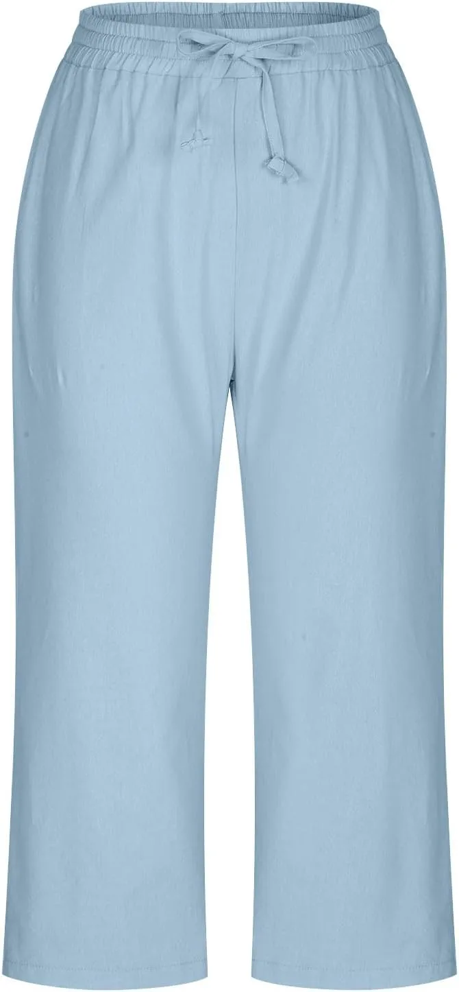 Summer Women's Solid Color Linen Capri Pants - Drawstring Waist Casual Seven-Eighths Trousers with Functional Pockets