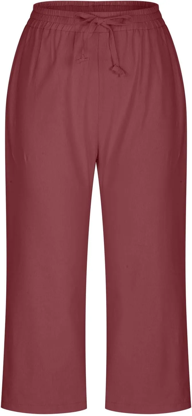 Summer Women's Solid Color Linen Capri Pants - Drawstring Waist Casual Seven-Eighths Trousers with Functional Pockets