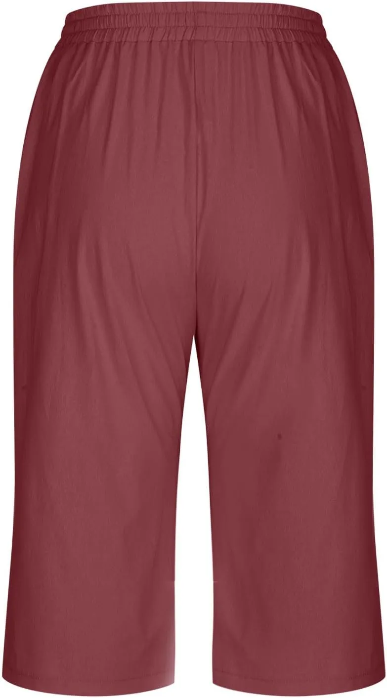 Summer Women's Solid Color Linen Capri Pants - Drawstring Waist Casual Seven-Eighths Trousers with Functional Pockets