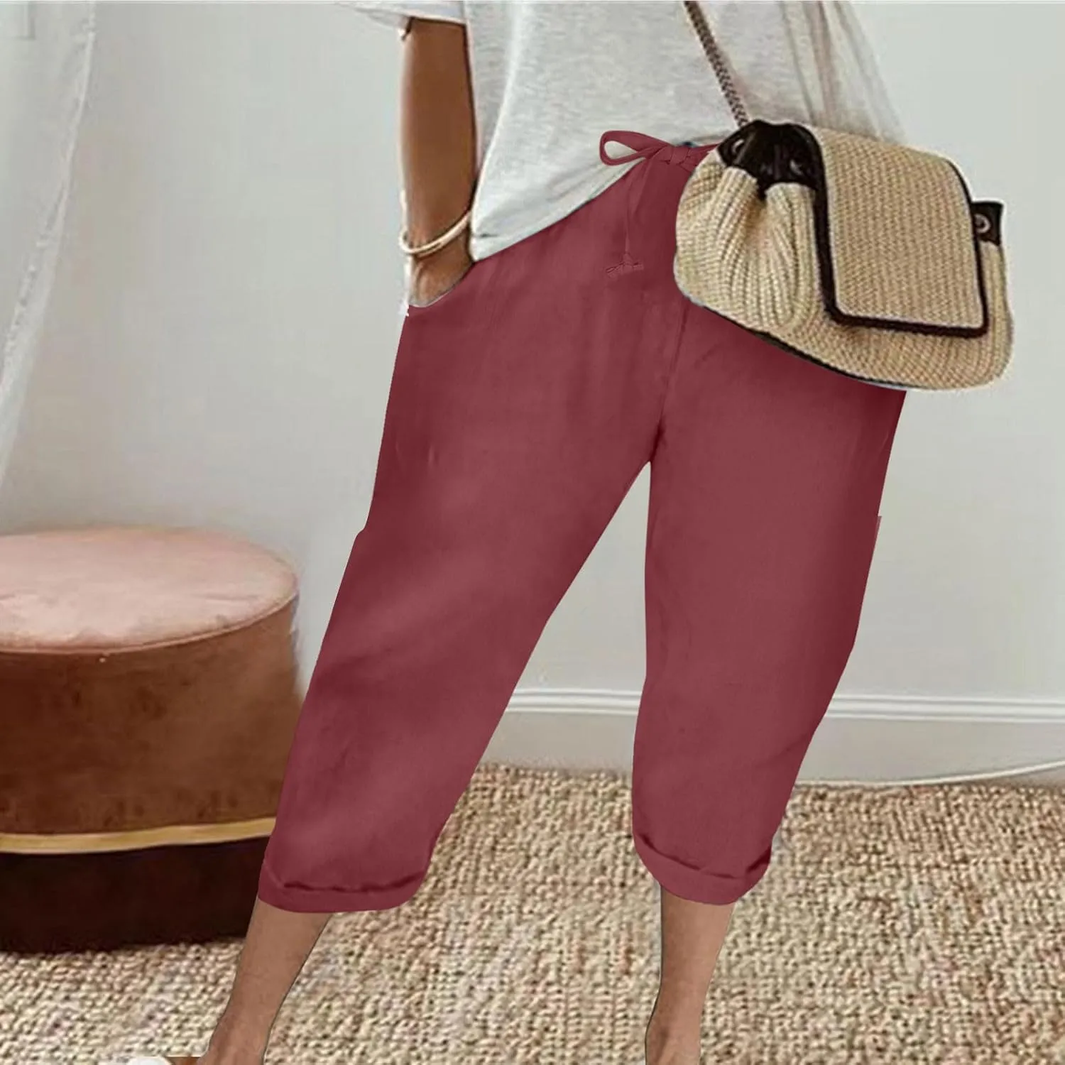 Summer Women's Solid Color Linen Capri Pants - Drawstring Waist Casual Seven-Eighths Trousers with Functional Pockets