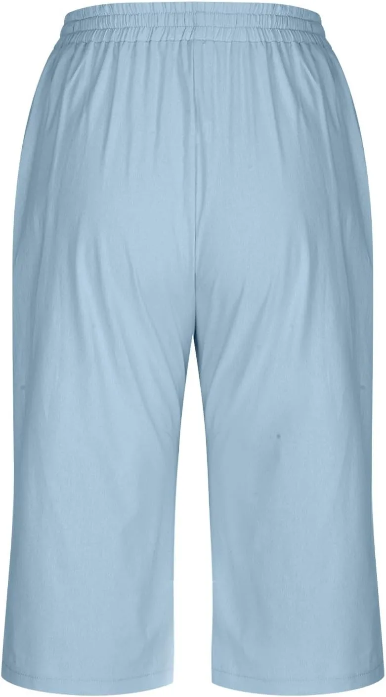 Summer Women's Solid Color Linen Capri Pants - Drawstring Waist Casual Seven-Eighths Trousers with Functional Pockets