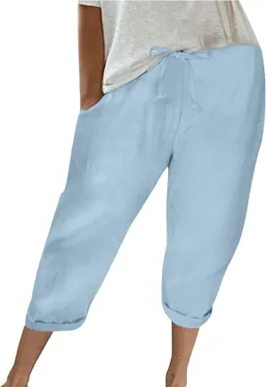 Summer Women's Solid Color Linen Capri Pants - Drawstring Waist Casual Seven-Eighths Trousers with Functional Pockets
