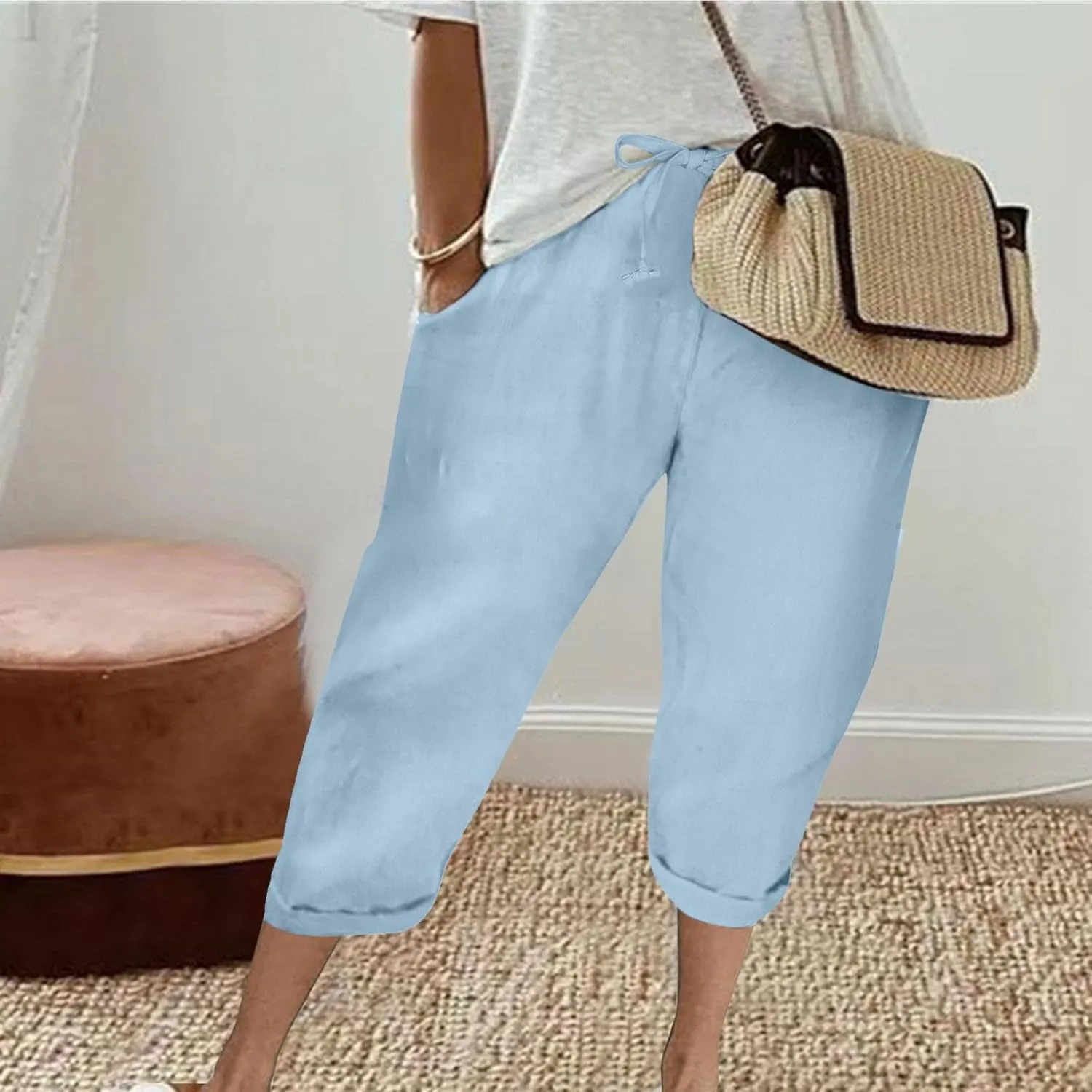 Summer Women's Solid Color Linen Capri Pants - Drawstring Waist Casual Seven-Eighths Trousers with Functional Pockets