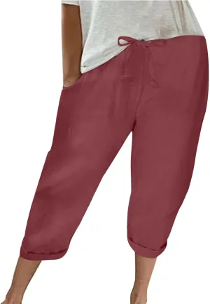 Summer Women's Solid Color Linen Capri Pants - Drawstring Waist Casual Seven-Eighths Trousers with Functional Pockets