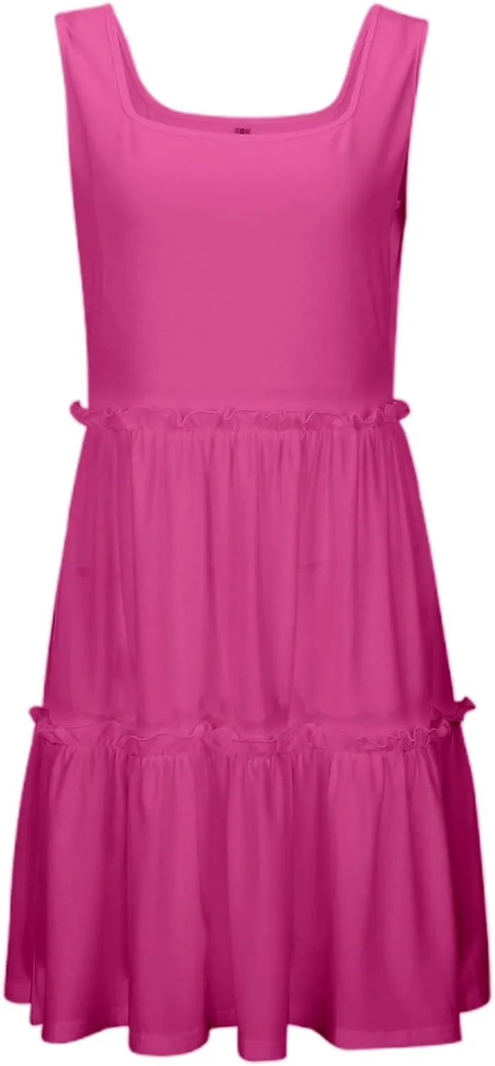 Sun Dresses for Women 2025 Vacation Sleeveless Smocked Tiered Short Dress Casaul a Line Square Neck Mini Dresses
