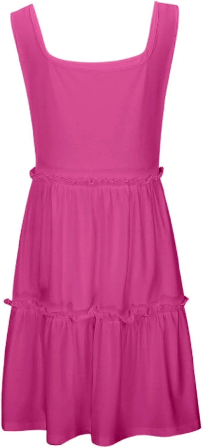 Sun Dresses for Women 2025 Vacation Sleeveless Smocked Tiered Short Dress Casaul a Line Square Neck Mini Dresses
